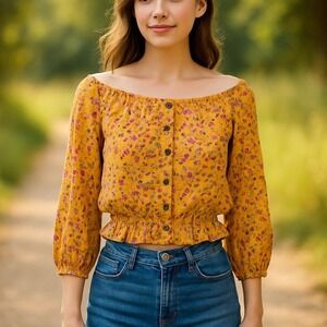 Moon & Stars Petite XS/S Floral Peasant Top Yellow Boho Smocked Waist Blouse